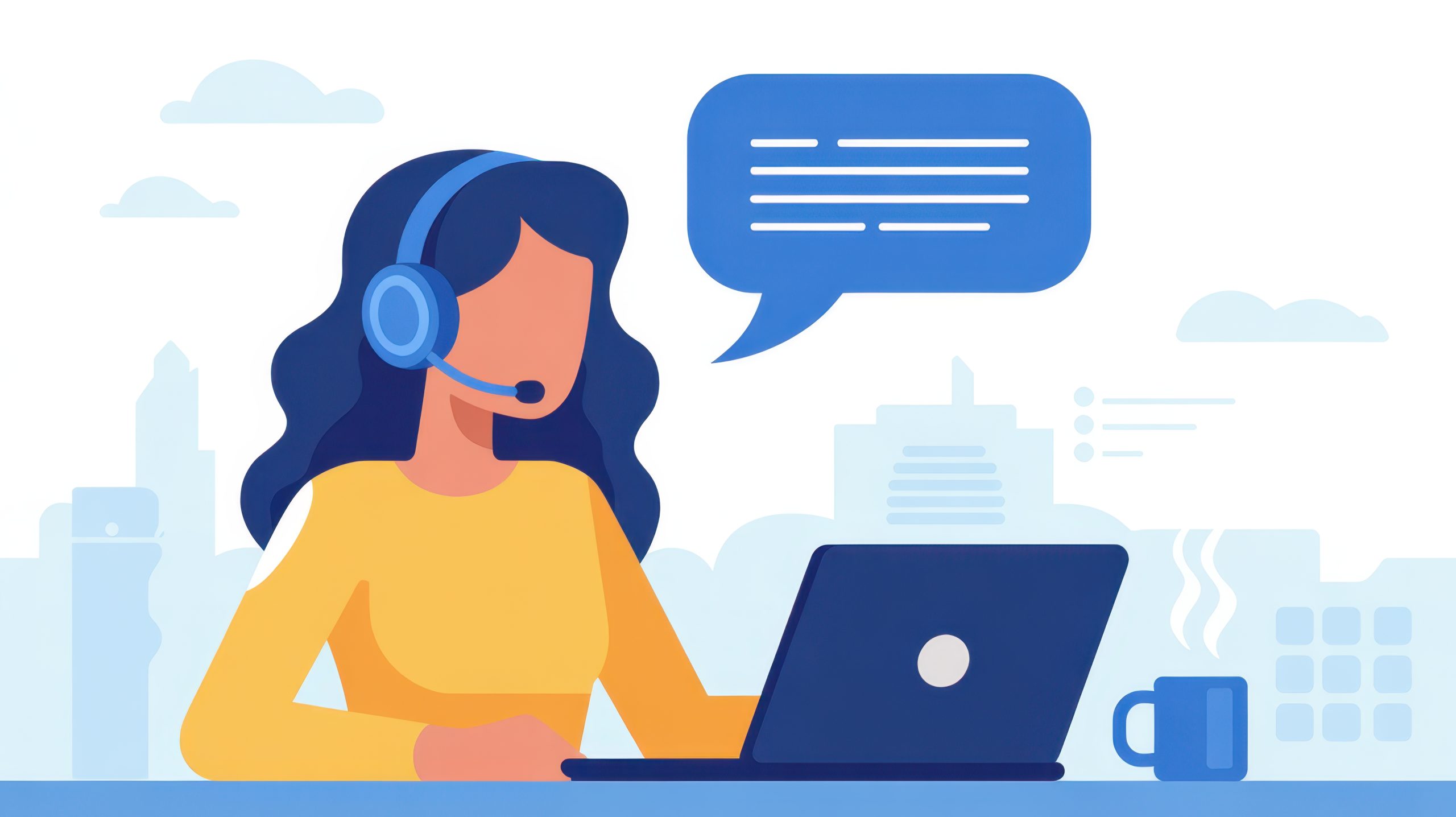 Customer support agent wearing headset providing assistance at a laptop.