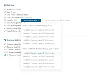 Shoptimised platform screen showing cost of goods sold and margin data being added to custom labels for campaign segmentation.