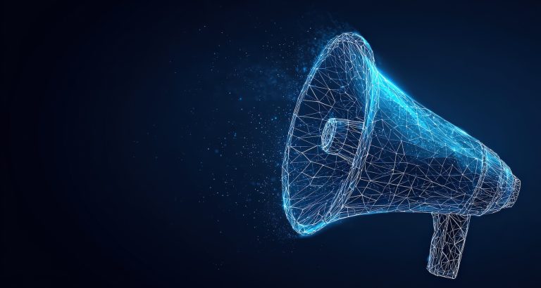 Futuristic digital megaphone with glowing wireframe design.