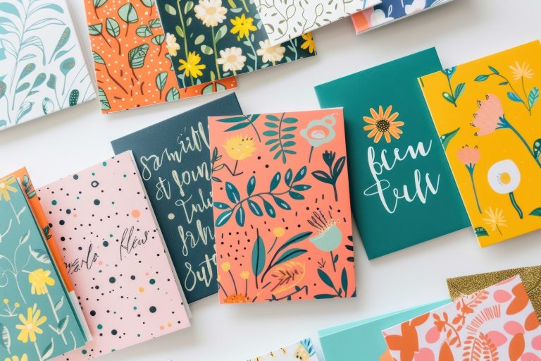 Colourful floral greeting cards arranged on a white surface in teal, coral, yellow and pink designs.