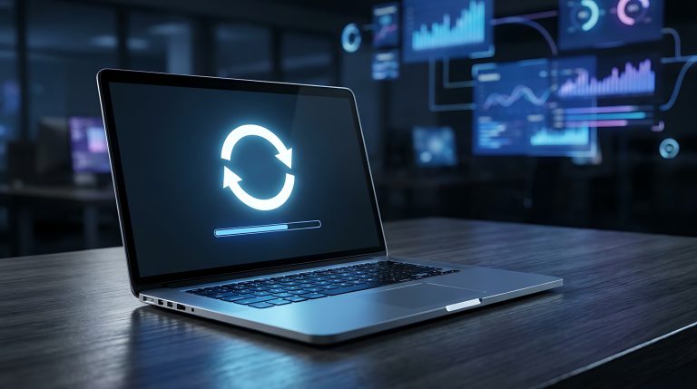 Laptop showing a refresh symbol with analytics dashboards in the background, representing Google Ads bidding updates and performance changes.