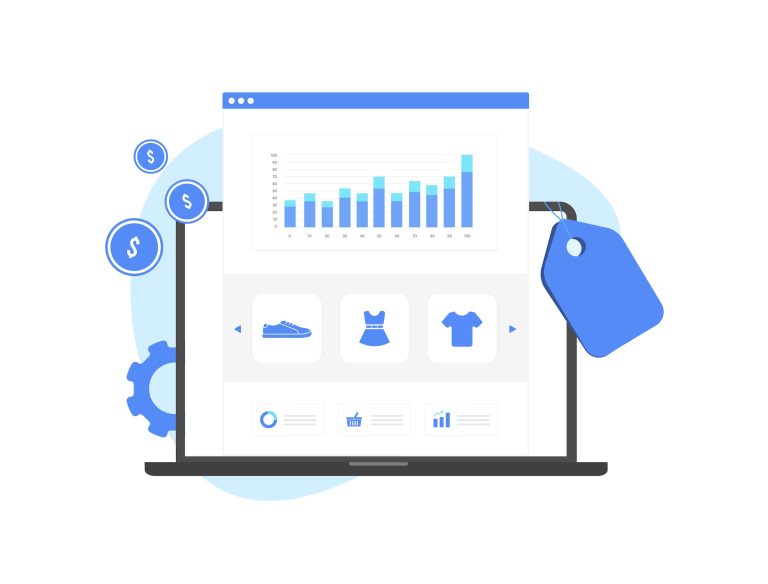 Illustration of an eCommerce dashboard with product tiles, sales chart, price tag and revenue icons.