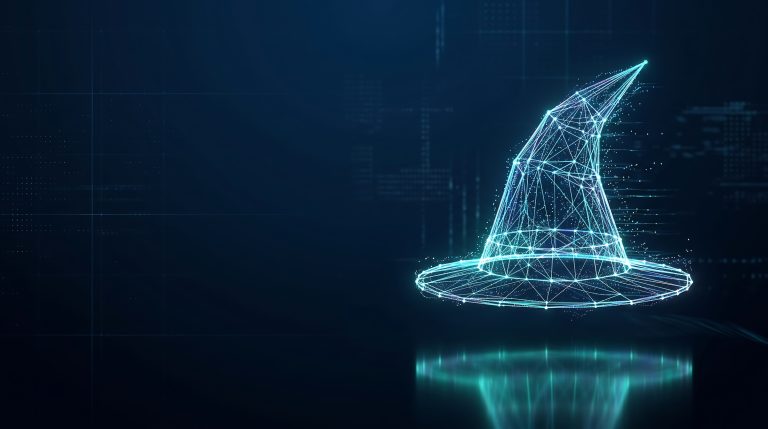 Glowing blue digital wireframe witch hat on a dark navy background, representing Halloween and eCommerce trends.