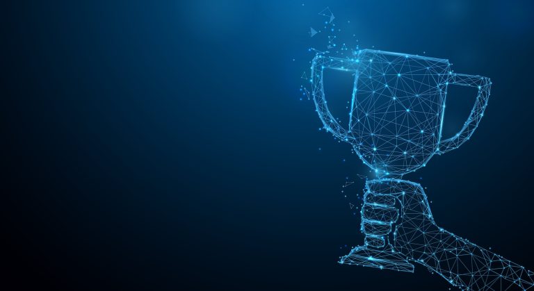 Digital trophy illustration on a dark blue background, representing award wins and recognition.
